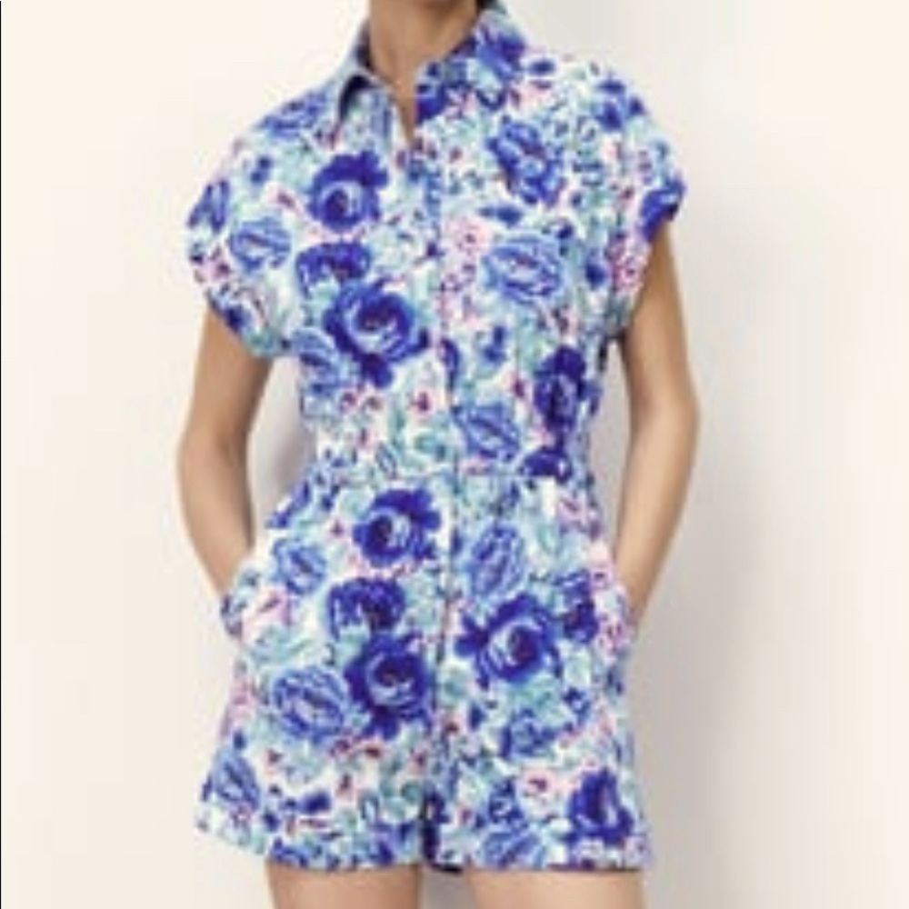 ZARA XL DENIM FLORAL PRINT ROMPER NWOT